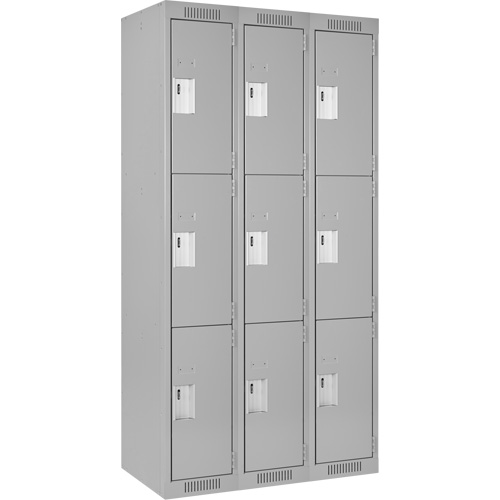 Clean Line Lockers, 3 -tier, Bank of 3, 36" x 18" x 72", Steel, Grey, Rivet (Assembled) Nuna Depot Inc.