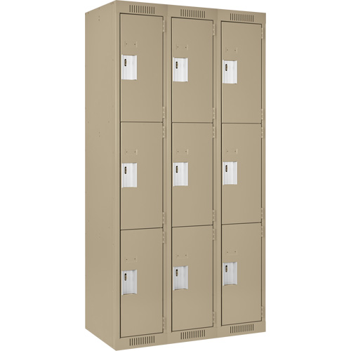 Clean Line Lockers, 3 -tier, Bank of 3, 36" x 18" x 72", Steel, Beige, Rivet (Assembled) Nuna Depot Inc.