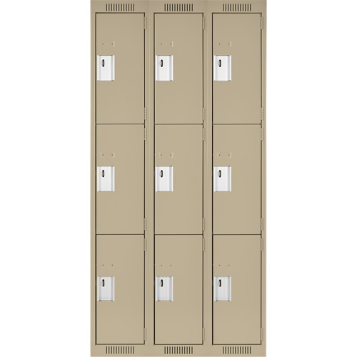 Clean Line Lockers, 3 -tier, Bank of 3, 36" x 18" x 72", Steel, Beige, Rivet (Assembled) Nuna Depot Inc.