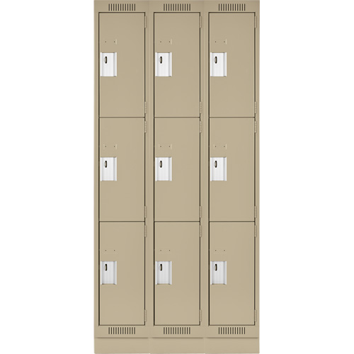 Clean Line Lockers, 3 -tier, Bank of 3, 36" x 18" x 76", Steel, Beige, Rivet (Assembled) Nuna Depot Inc.
