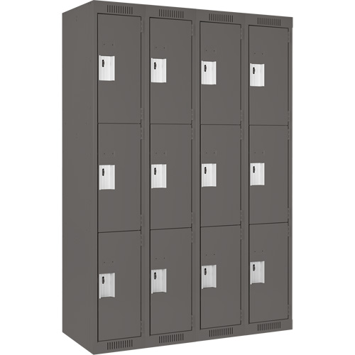 Clean Line Lockers, 3 -tier, Bank of 4, 48" x 18" x 72", Steel, Charcoal, Rivet (Assembled) Nuna Depot Inc.