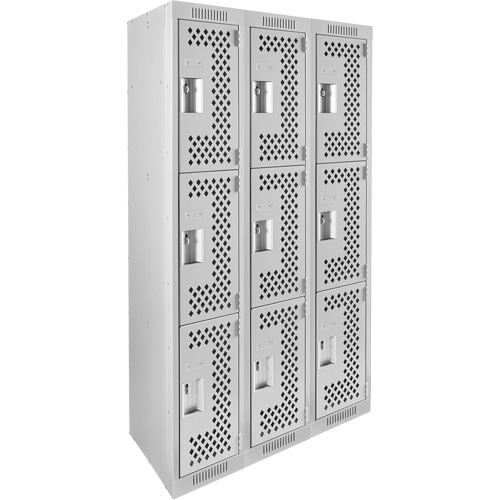 Clean Line Lockers, 3 -tier, Bank of 3, 36" x 12" x 72", Steel, Grey, Rivet (Assembled), Perforated Nuna Depot Inc.