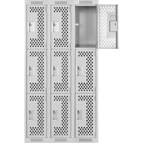 Clean Line Lockers, 3 -tier, Bank of 3, 36" x 12" x 72", Steel, Grey, Rivet (Assembled), Perforated Nuna Depot Inc.