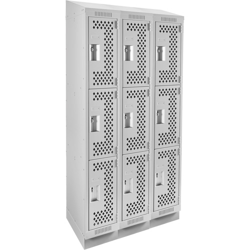 Clean Line Lockers, 3 -tier, Bank of 3, 36" x 18" x 82", Steel, Grey, Rivet (Assembled), Perforated Nuna Depot Inc.