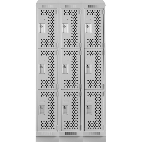 Clean Line Lockers, 3 -tier, Bank of 3, 36" x 18" x 82", Steel, Grey, Rivet (Assembled), Perforated Nuna Depot Inc.
