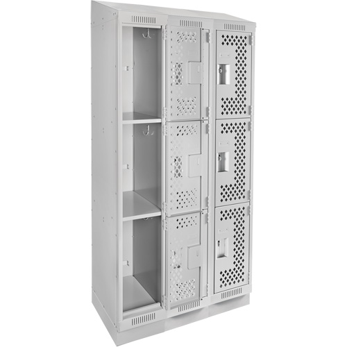 Clean Line Lockers, 3 -tier, Bank of 3, 36" x 18" x 82", Steel, Grey, Rivet (Assembled), Perforated Nuna Depot Inc.
