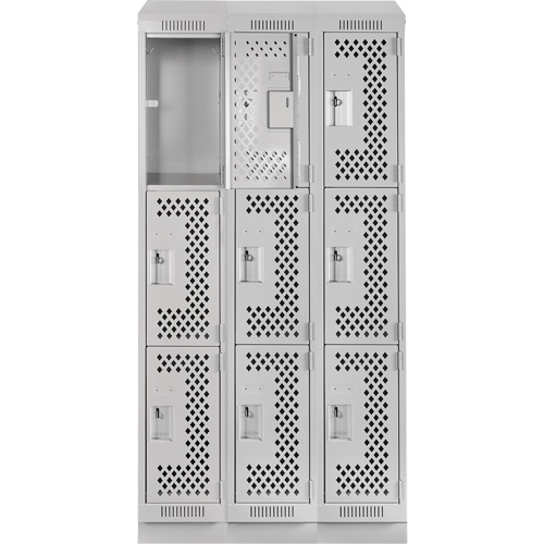 Clean Line Lockers, 3 -tier, Bank of 3, 36" x 18" x 82", Steel, Grey, Rivet (Assembled), Perforated Nuna Depot Inc.