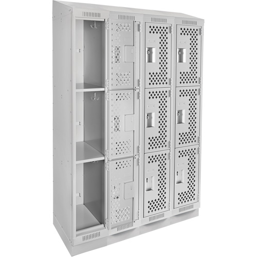 Clean Line Lockers, 3 -tier, Bank of 4, 48" x 18" x 82", Steel, Grey, Rivet (Assembled), Perforated Nuna Depot Inc.