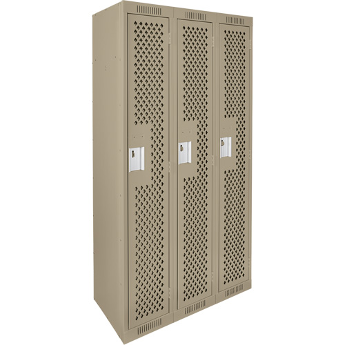Clean Line Lockers, Bank of 3, 36" x 15" x 72", Steel, Beige, Rivet (Assembled), Perforated Nuna Depot Inc.