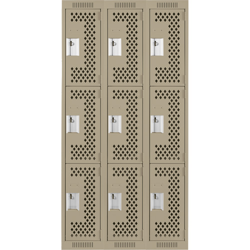 Clean Line Lockers, 3 -tier, Bank of 3, 36" x 12" x 72", Steel, Beige, Rivet (Assembled), Perforated Nuna Depot Inc.