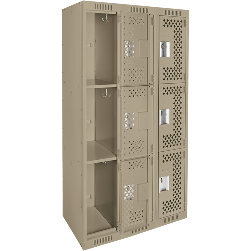 Clean Line Lockers, 3 -tier, Bank of 3, 36" x 12" x 72", Steel, Beige, Rivet (Assembled), Perforated Nuna Depot Inc.