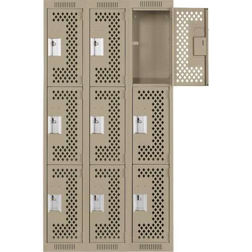 Clean Line Lockers, 3 -tier, Bank of 3, 36" x 12" x 72", Steel, Beige, Rivet (Assembled), Perforated Nuna Depot Inc.