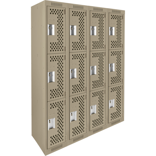 Clean Line Lockers, 3 -tier, Bank of 4, 48" x 12" x 72", Steel, Beige, Rivet (Assembled), Perforated Nuna Depot Inc.
