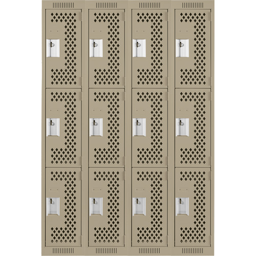 Clean Line Lockers, 3 -tier, Bank of 4, 48" x 12" x 72", Steel, Beige, Rivet (Assembled), Perforated Nuna Depot Inc.
