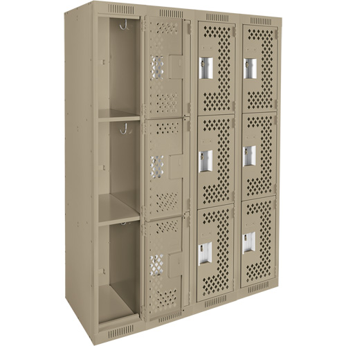 Clean Line Lockers, 3 -tier, Bank of 4, 48" x 12" x 72", Steel, Beige, Rivet (Assembled), Perforated Nuna Depot Inc.