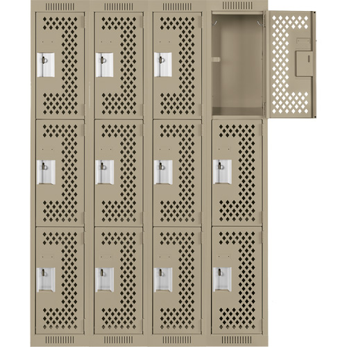 Clean Line Lockers, 3 -tier, Bank of 4, 48" x 12" x 72", Steel, Beige, Rivet (Assembled), Perforated Nuna Depot Inc.