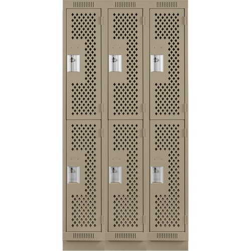 Clean Line Lockers, 2 -tier, Bank of 3, 36" x 15" x 76", Steel, Beige, Rivet (Assembled), Perforated Nuna Depot Inc.