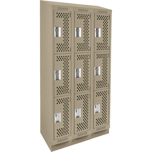 Clean Line Lockers, 3 -tier, Bank of 3, 36" x 18" x 82", Steel, Beige, Rivet (Assembled), Perforated Nuna Depot Inc.
