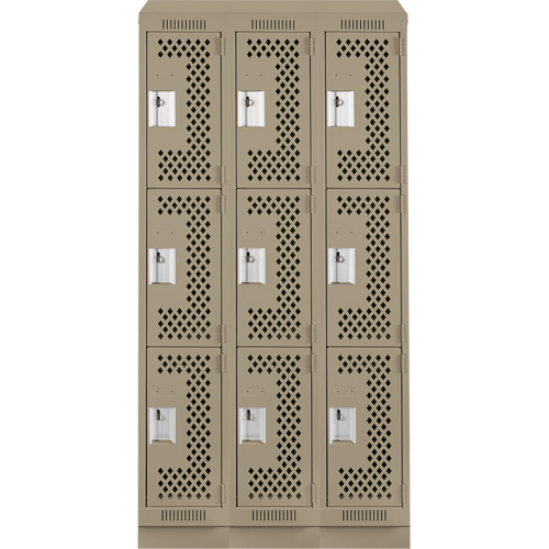 Clean Line Lockers, 3 -tier, Bank of 3, 36" x 18" x 82", Steel, Beige, Rivet (Assembled), Perforated Nuna Depot Inc.