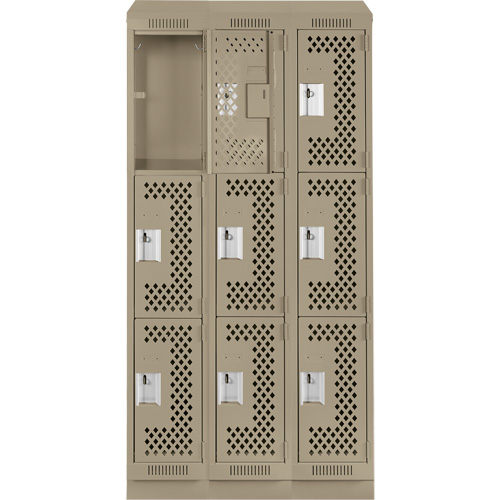 Clean Line Lockers, 3 -tier, Bank of 3, 36" x 18" x 82", Steel, Beige, Rivet (Assembled), Perforated Nuna Depot Inc.