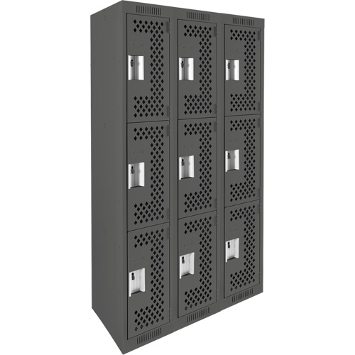 Clean Line Lockers, 3 -tier, Bank of 3, 36" x 12" x 72", Steel, Charcoal, Rivet (Assembled), Perforated Nuna Depot Inc.
