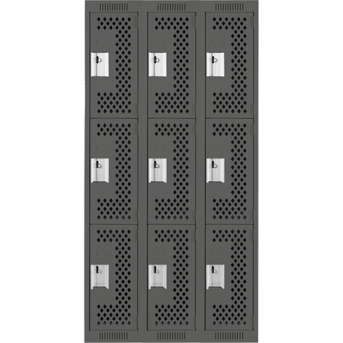 Clean Line Lockers, 3 -tier, Bank of 3, 36" x 12" x 72", Steel, Charcoal, Rivet (Assembled), Perforated Nuna Depot Inc.