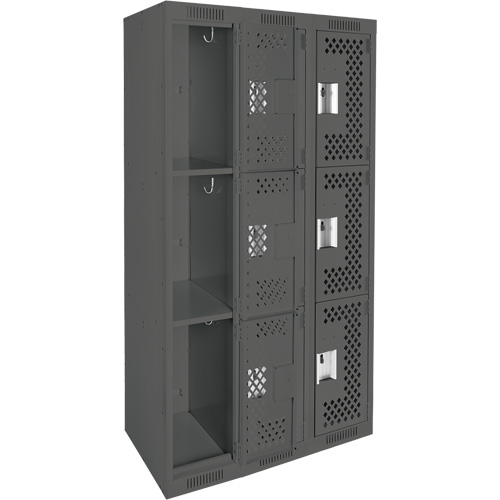 Clean Line Lockers, 3 -tier, Bank of 3, 36" x 12" x 72", Steel, Charcoal, Rivet (Assembled), Perforated Nuna Depot Inc.