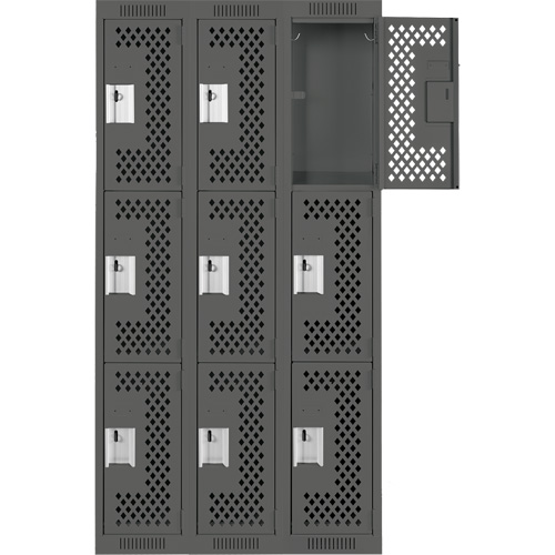 Clean Line Lockers, 3 -tier, Bank of 3, 36" x 12" x 72", Steel, Charcoal, Rivet (Assembled), Perforated Nuna Depot Inc.