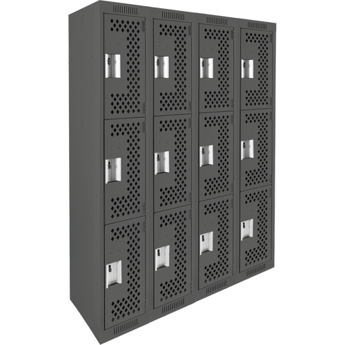 Clean Line Lockers, 3 -tier, Bank of 4, 48" x 12" x 72", Steel, Charcoal, Rivet (Assembled), Perforated Nuna Depot Inc.