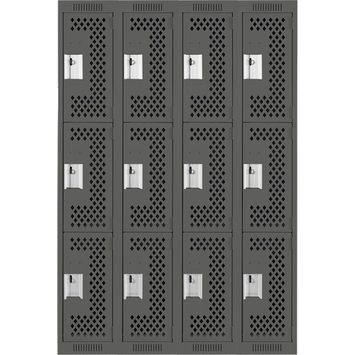 Clean Line Lockers, 3 -tier, Bank of 4, 48" x 12" x 72", Steel, Charcoal, Rivet (Assembled), Perforated Nuna Depot Inc.