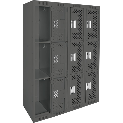 Clean Line Lockers, 3 -tier, Bank of 4, 48" x 12" x 72", Steel, Charcoal, Rivet (Assembled), Perforated Nuna Depot Inc.