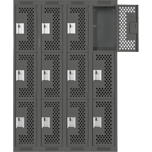 Clean Line Lockers, 3 -tier, Bank of 4, 48" x 12" x 72", Steel, Charcoal, Rivet (Assembled), Perforated Nuna Depot Inc.