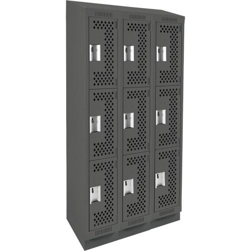 Clean Line Lockers, 3 -tier, Bank of 3, 36" x 18" x 82", Steel, Charcoal, Rivet (Assembled), Perforated Nuna Depot Inc.