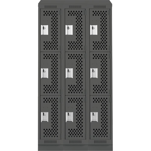 Clean Line Lockers, 3 -tier, Bank of 3, 36" x 18" x 82", Steel, Charcoal, Rivet (Assembled), Perforated Nuna Depot Inc.