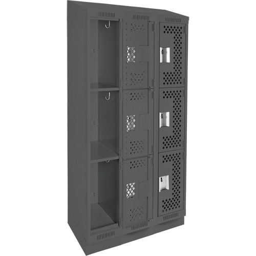 Clean Line Lockers, 3 -tier, Bank of 3, 36" x 18" x 82", Steel, Charcoal, Rivet (Assembled), Perforated Nuna Depot Inc.