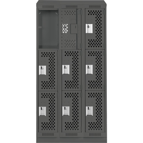 Clean Line Lockers, 3 -tier, Bank of 3, 36" x 18" x 82", Steel, Charcoal, Rivet (Assembled), Perforated Nuna Depot Inc.