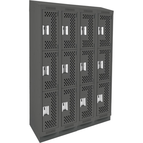 Clean Line Lockers, 3 -tier, Bank of 4, 48" x 18" x 82", Steel, Charcoal, Rivet (Assembled), Perforated Nuna Depot Inc.