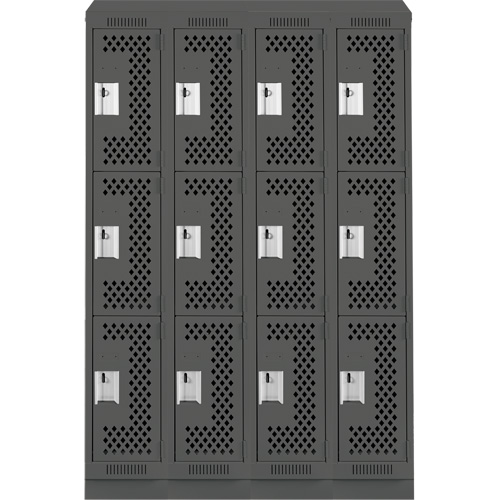 Clean Line Lockers, 3 -tier, Bank of 4, 48" x 18" x 82", Steel, Charcoal, Rivet (Assembled), Perforated Nuna Depot Inc.