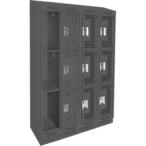 Clean Line Lockers, 3 -tier, Bank of 4, 48" x 18" x 82", Steel, Charcoal, Rivet (Assembled), Perforated Nuna Depot Inc.