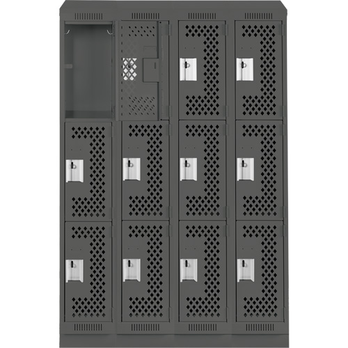 Clean Line Lockers, 3 -tier, Bank of 4, 48" x 18" x 82", Steel, Charcoal, Rivet (Assembled), Perforated Nuna Depot Inc.
