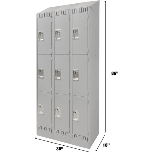Lockers, 3 -tier, Bank of 3, 36" x 18" x 86", Steel, Grey, Knocked Down Nuna Depot Inc.