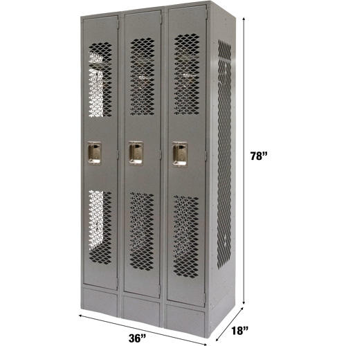 Vented Lockers, Bank of 3, 36" x 18" x 78", Steel, Grey, Knocked Down, Perforated Nuna Depot Inc.