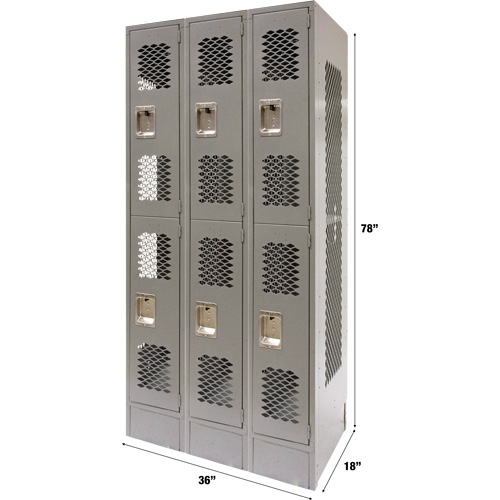 Vented Lockers, 2 -tier, Bank of 3, 36" x 18" x 78", Steel, Grey, Knocked Down, Perforated Nuna Depot Inc.