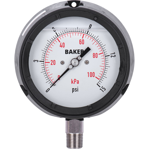 Pressure Gauge, 4-1/2" , 0 - 15 psi/0 - 100 kPa, Bottom Mount, Liquid Filled Analogue Nuna Depot Inc.