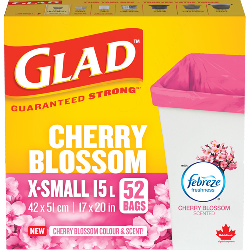 Sacs parfum&eacute;s et de couleur fleur de cerisier de Glad, Fort, 17" la x 20" lo, Rose, Capacit&eacute; 15 L (3,96 gal) Nuna Depot Inc.