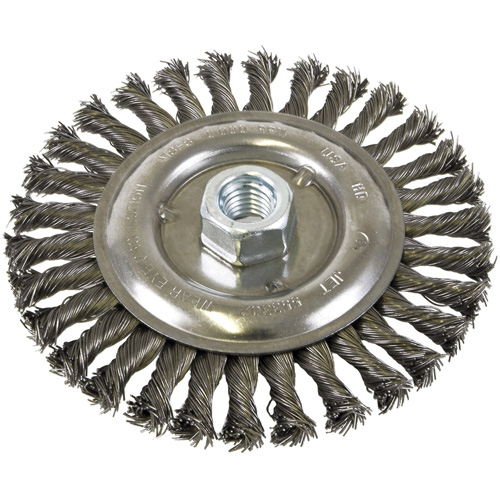 Brosse filet&eacute;e &agrave; fils nou&eacute;es et face standard, Dia. 6", Fils 0,022", Arbre 5/8"-11, Acier Nuna Depot Inc.