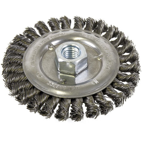 Brosse filet&eacute;e &agrave; fils nou&eacute;s et face standard, Dia. 5", Fils 0,022", Arbre 5/8"-11, Acier Nuna Depot Inc.