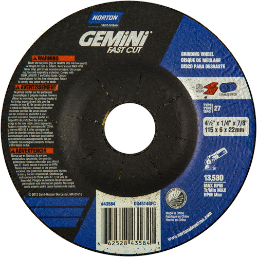 Grinding Wheel, 4-1/2" x 1/4", 7/8" Arbor, Aluminum Oxide, Type 27 Nuna Depot Inc.