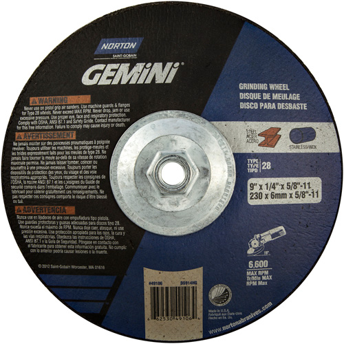 Gemini&reg; Saucer Wheel, 9" x 1/4", 5/8"-11 Arbor, Aluminum Oxide, Type 28 Nuna Depot Inc.