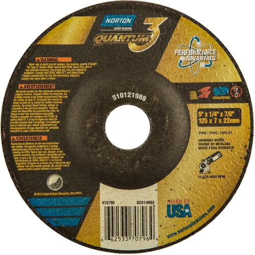 Quantum3 Grinding Wheel, 5" x 1/4", 7/8" Arbor, Ceramic, Type 27 Nuna Depot Inc.